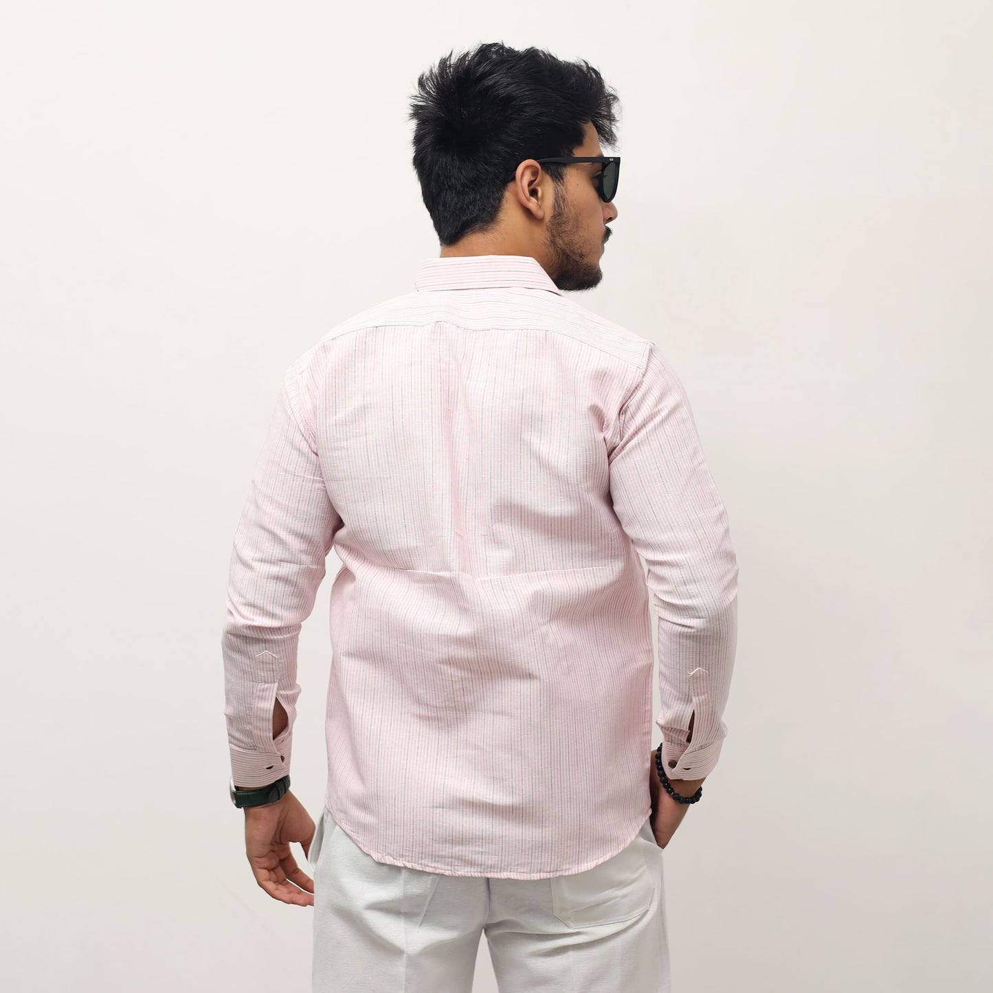 back view pink khadi cotton shirt for men full sleeves loom stripe texture