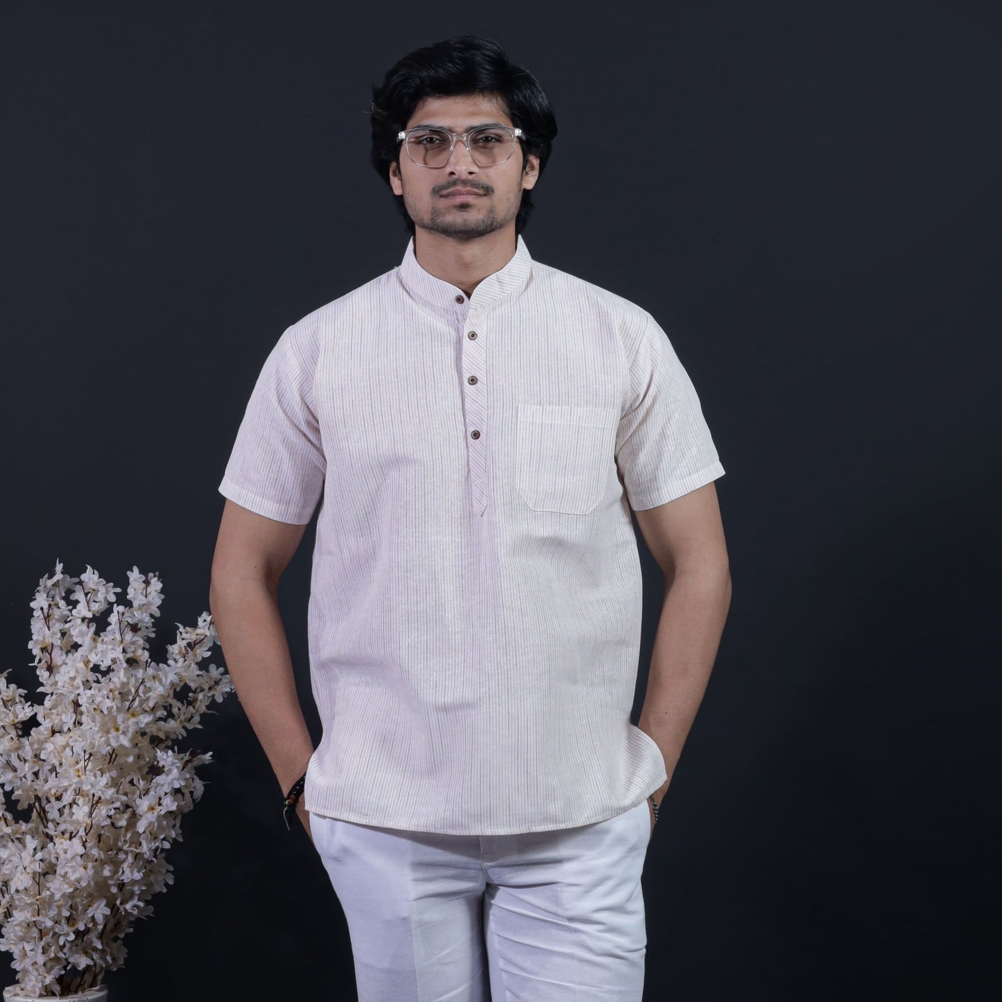 Beige LoomStripe Half Sleeves Short Kurta front view for men