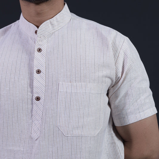 Beige striped cotton short kurta with mandarin collar detail