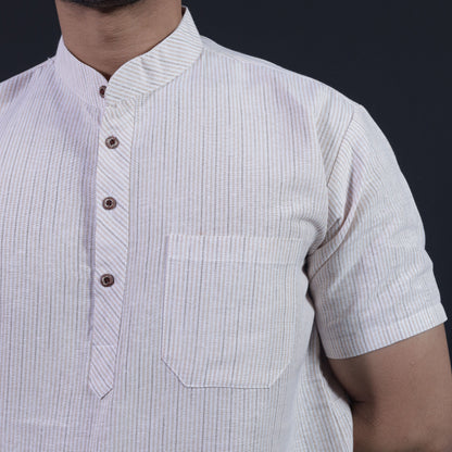 Beige striped cotton short kurta with mandarin collar detail