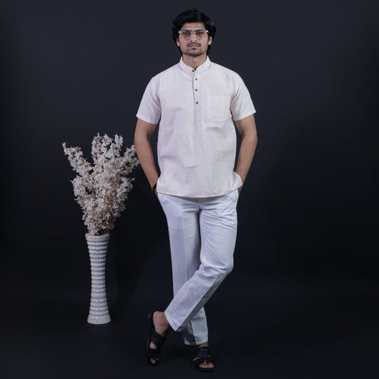 Combo Set Loomstripe Half Sleeves Short Kurta Pant-Beige