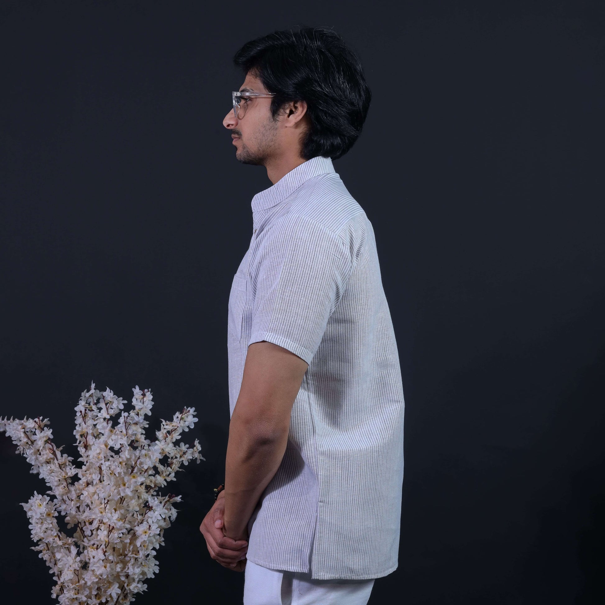 Grey LoomStripe kurta side profile minimal ethnic wear