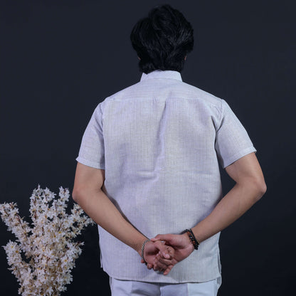 Back view of grey striped cotton short kurta for men