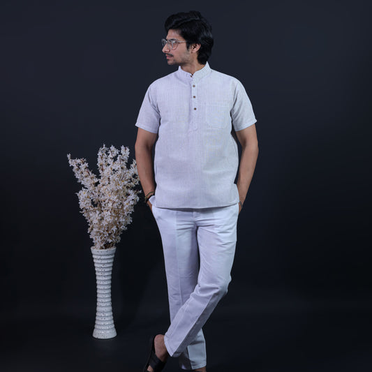 Combo Set Loomstripe Half Sleeves Short Kurta Pant-Gray