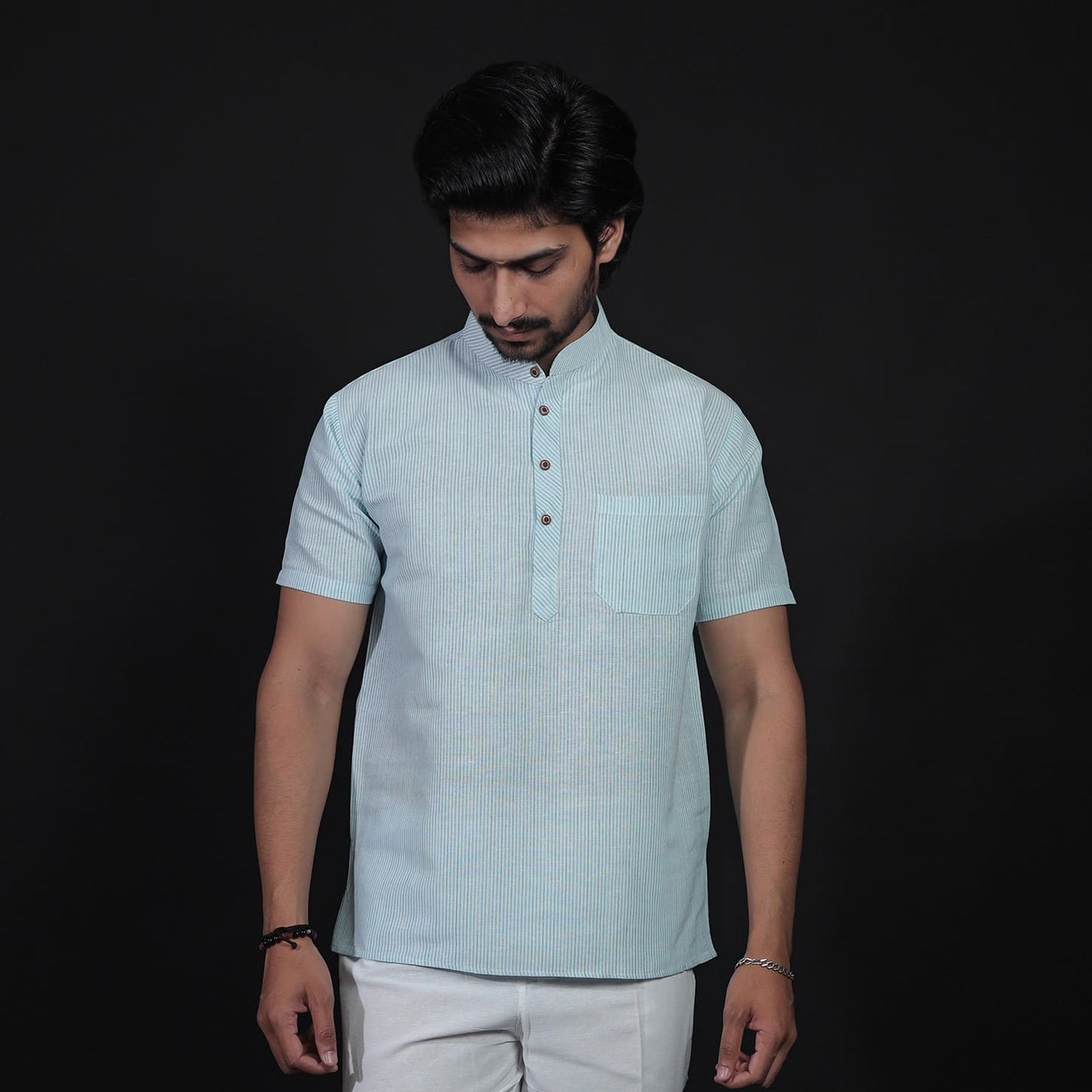 Blue LoomStripe half sleeves short kurta front view for men