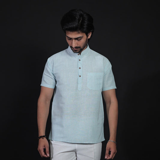 Blue LoomStripe half sleeves short kurta front view for men
