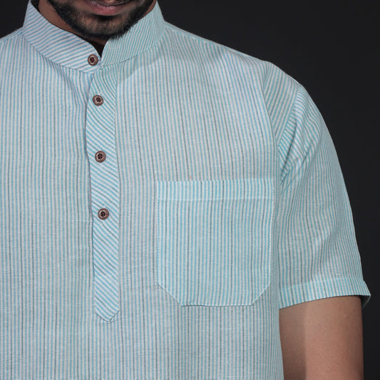Blue striped short kurta mandarin collar detail close-up