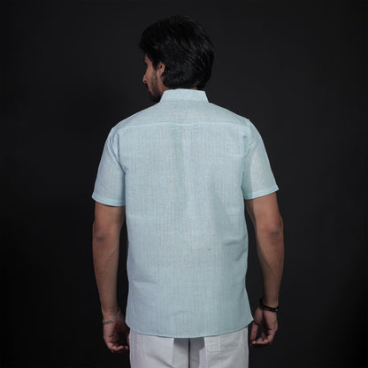 Back view of blue LoomStripe half sleeves short kurta