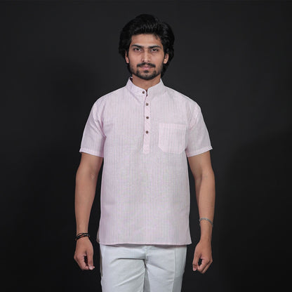Pink LoomStripe half sleeves short kurta front view for men