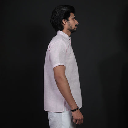 Side profile of pink LoomStripe short kurta for men