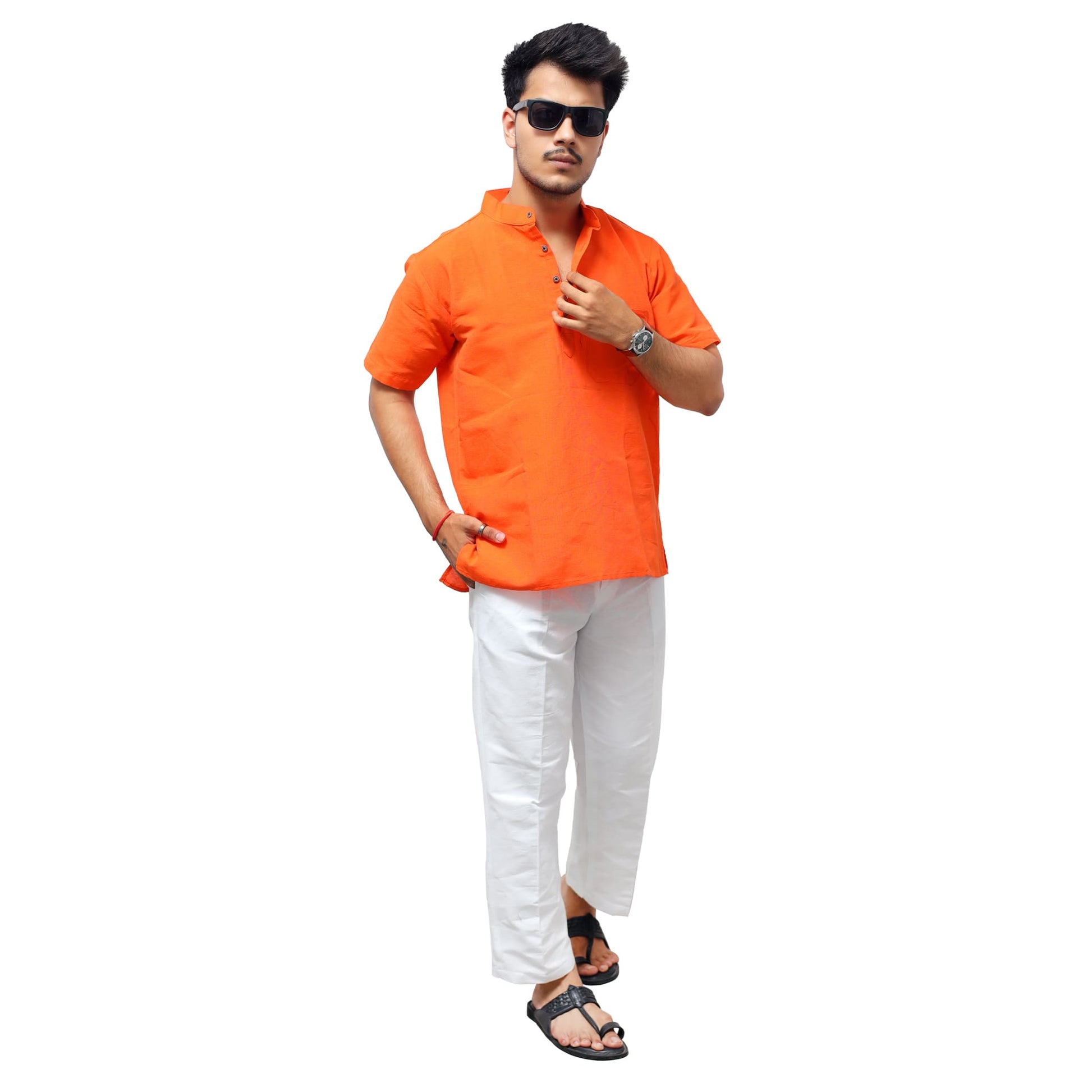 Orange Solid Half Sleeves Khadi Cotton Co Ord Set front look