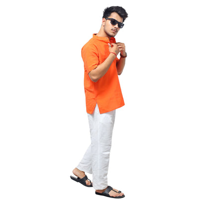 Men’s orange khadi cotton co ord set side pose