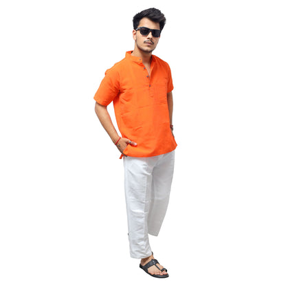 Casual orange khadi cotton co ord set for men