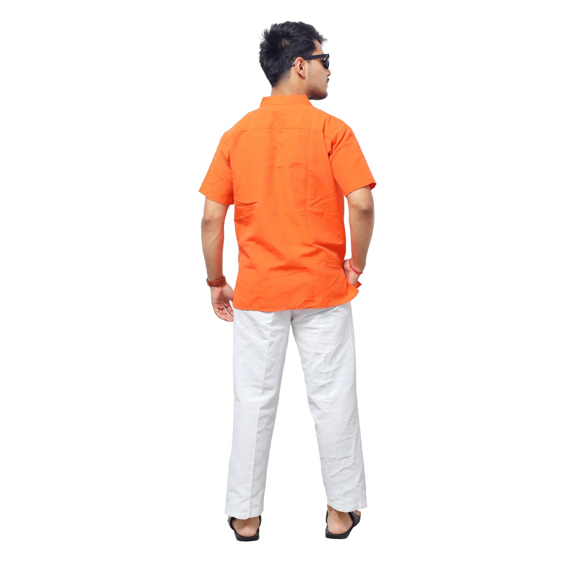 Orange half sleeves khadi cottan co ord set relaxed back view