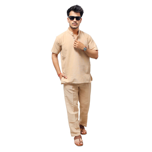 Beige Solid Half Sleeves Khadi Cotton Co Ord Set front view