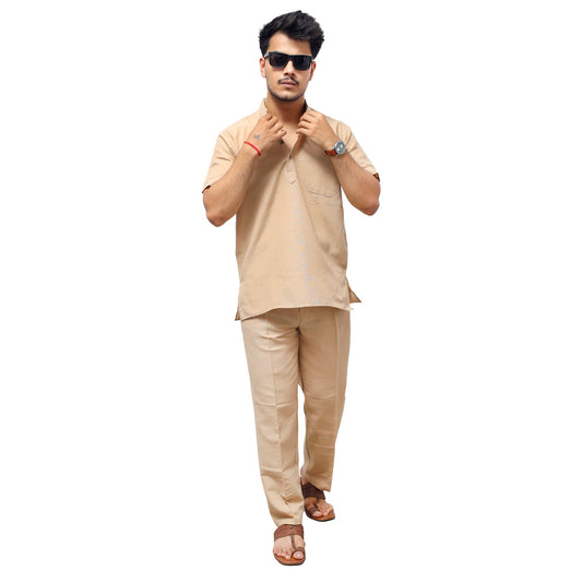 Men’s beige khadi cotton co ord set side pose