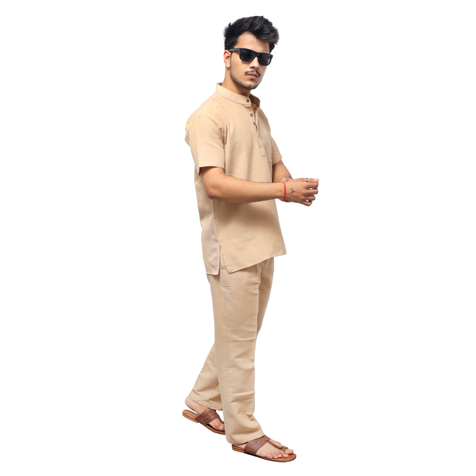 Relaxed fit beige khadi cotton co ord set for men casual styling