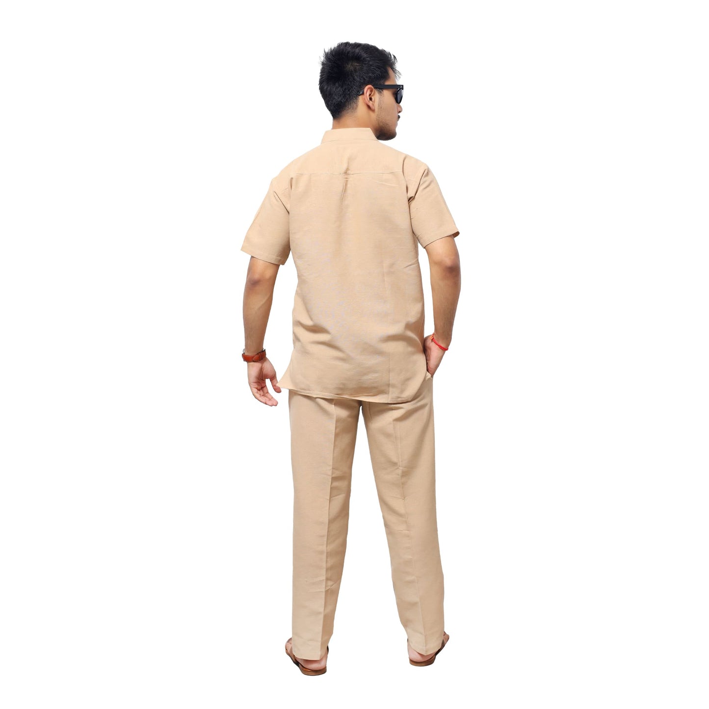 Beige half sleeves khadi cotton co ord set rear angle