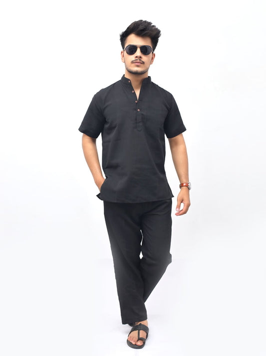 Black Solid Half Sleeves Khadi Cotton Co Ord Set front pose