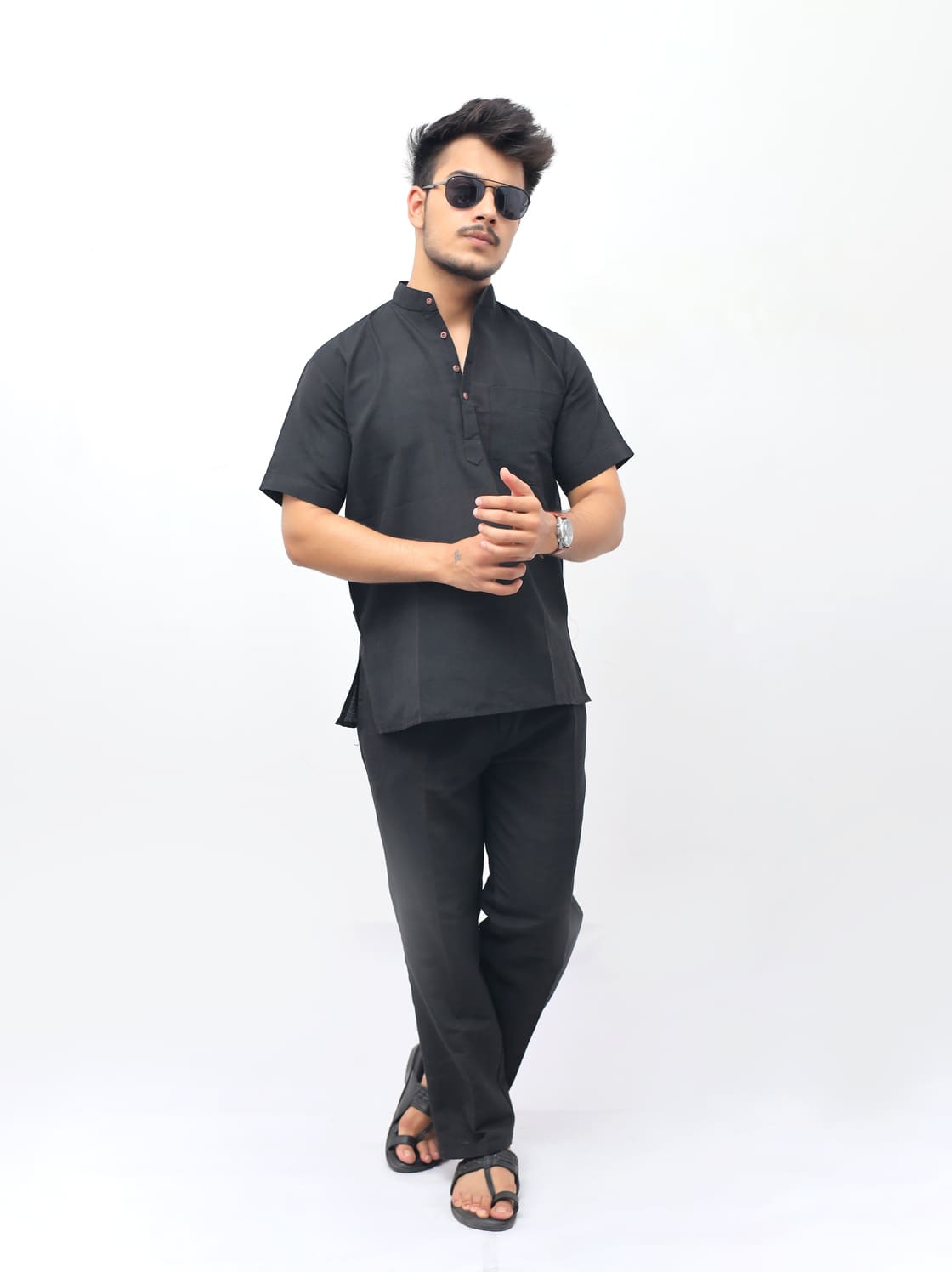 Casual black khadi cotton co ord set with mandarin collar