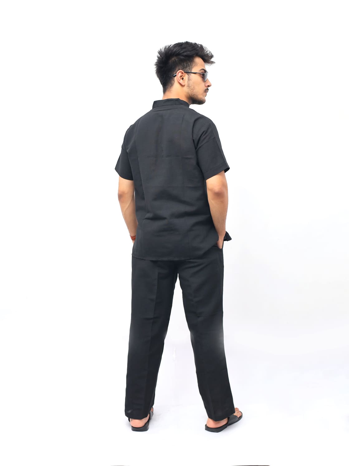Black half sleeves khadi cotton co ord set rear view