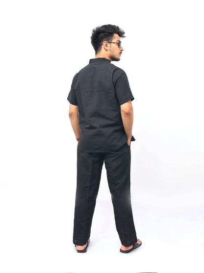 Black half sleeves khadi cotton co ord set rear view