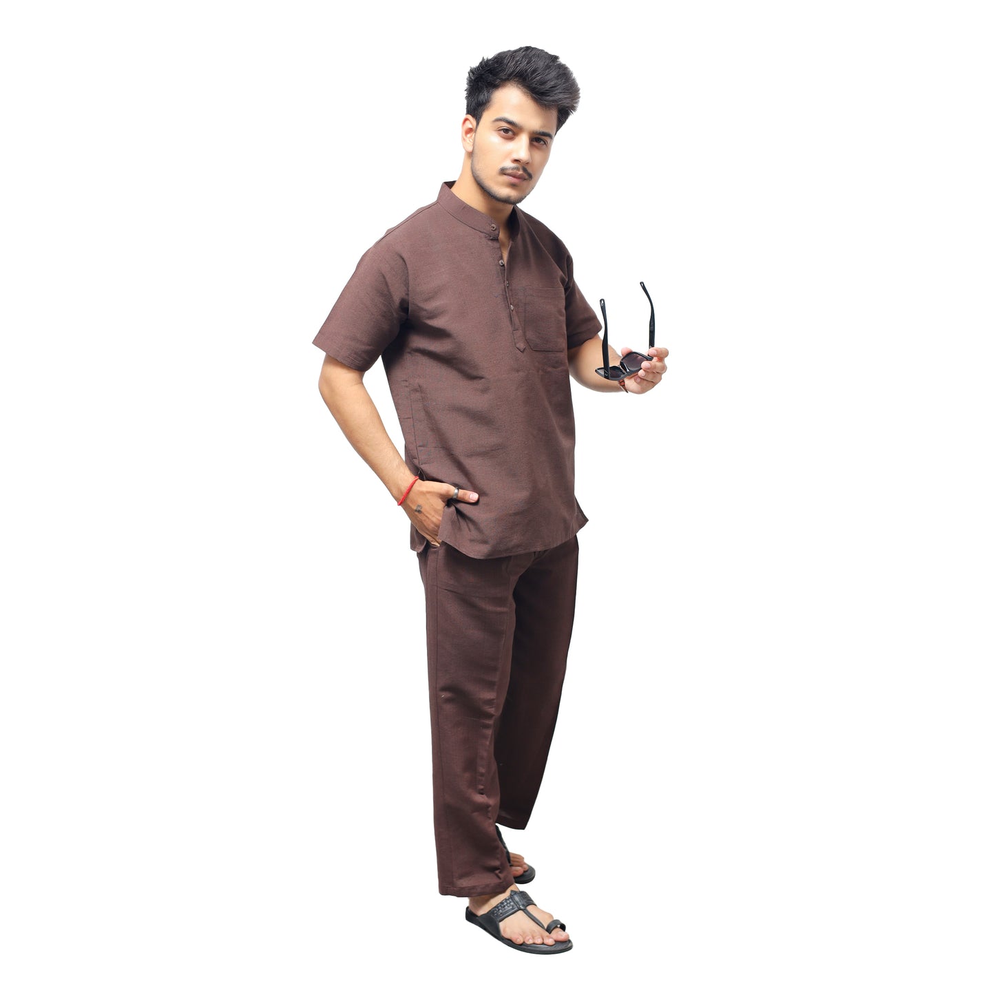 Brown Solid Half Sleeves Khadi Cotton Co Ord Set front view