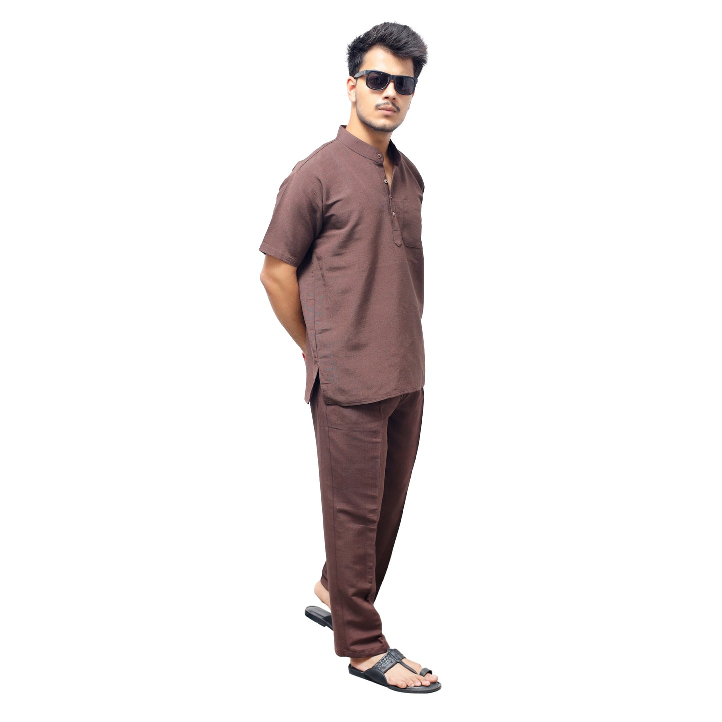 Men’s brown khadi cotton co ord set casual side pose
