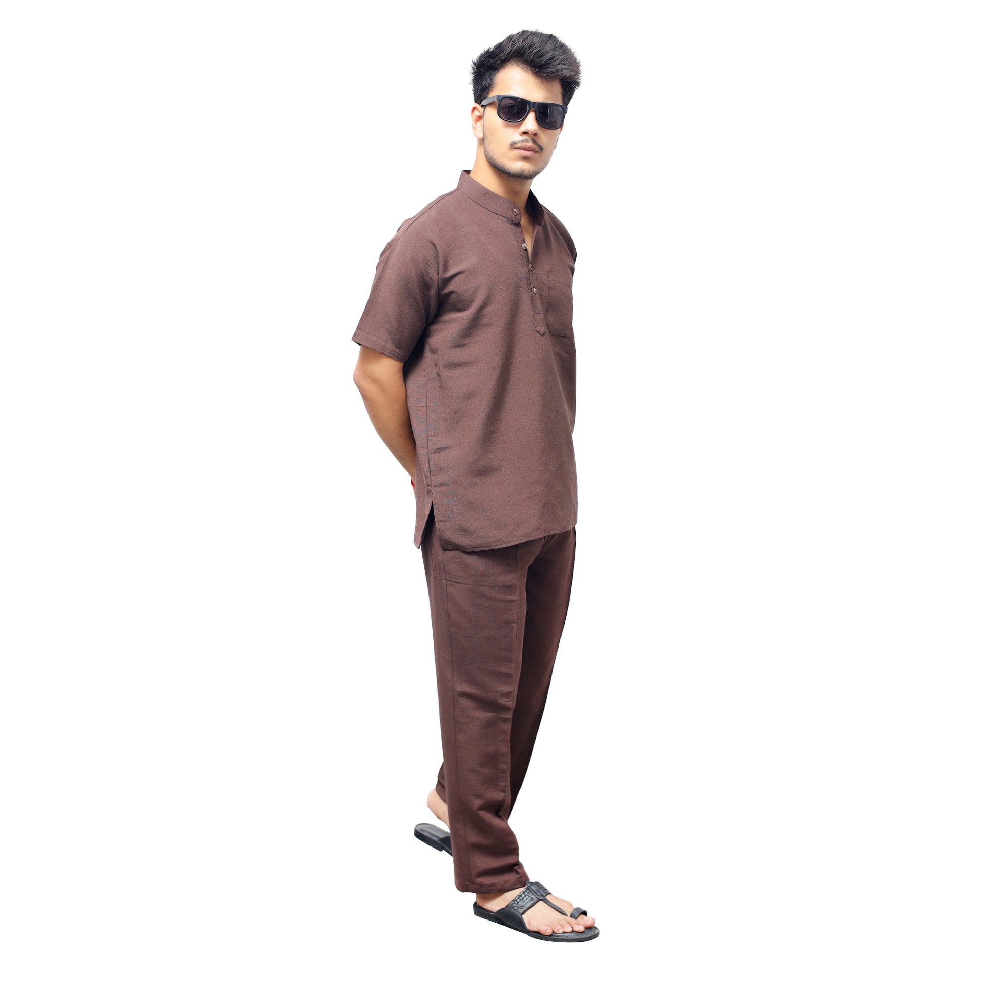 Men’s brown khadi cotton co ord set casual side pose