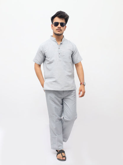 Grey Solid Half Sleeves Khadi Cotton Co ord Set front view