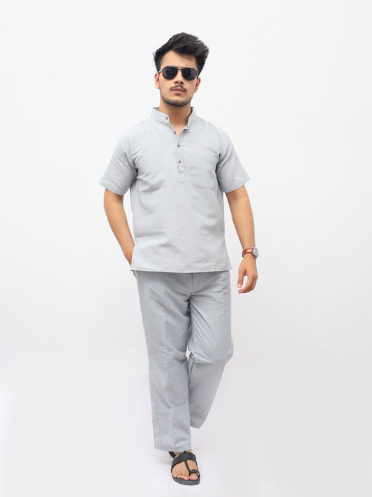 Grey Solid Half Sleeves Khadi Cotton Co ord Set front view