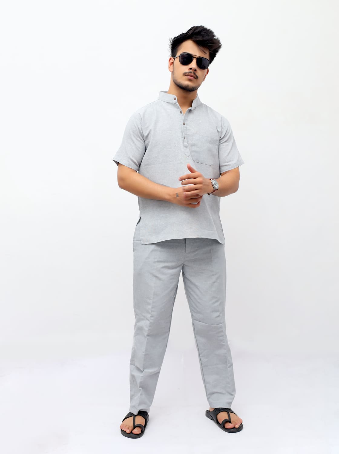 Relaxed fit grey khadi cotton co ord set for men