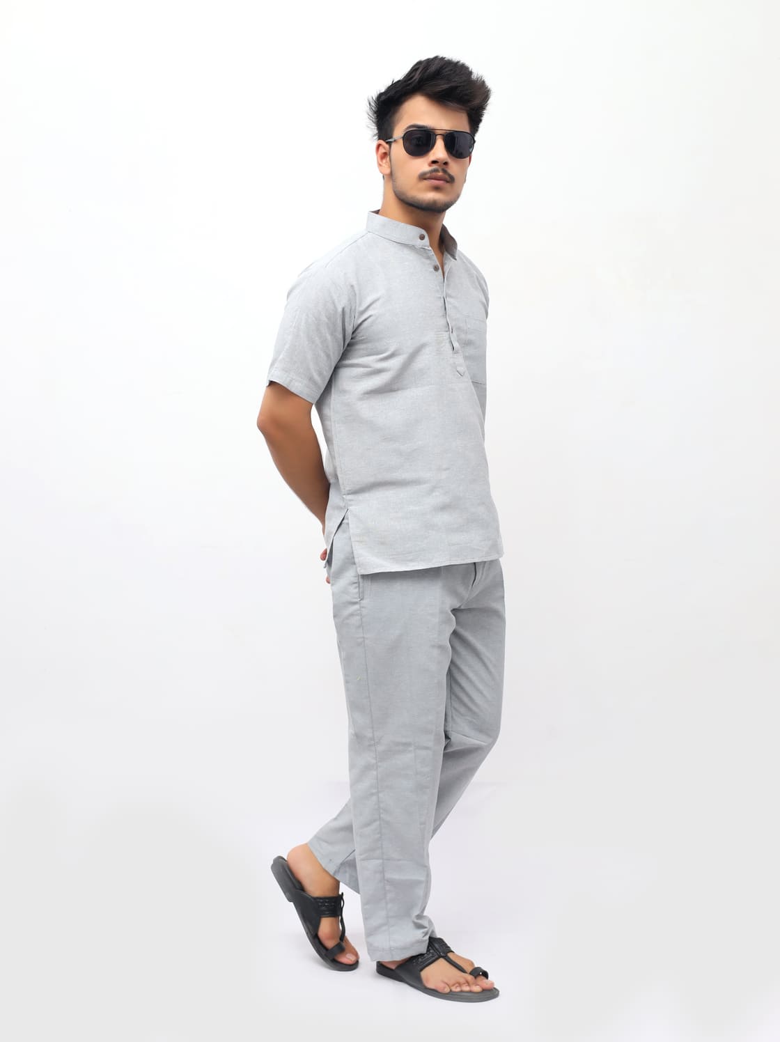 Grey half sleeves khadi cotton co ord set side angle