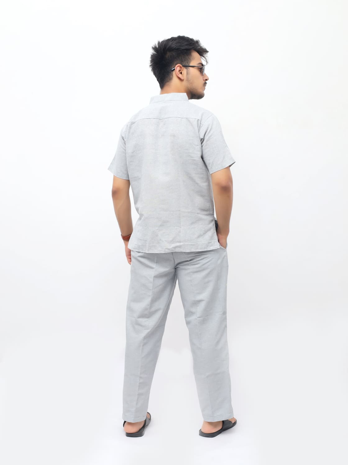 Modern grey solid khadi cotton co ord set ethnic casual wear back view