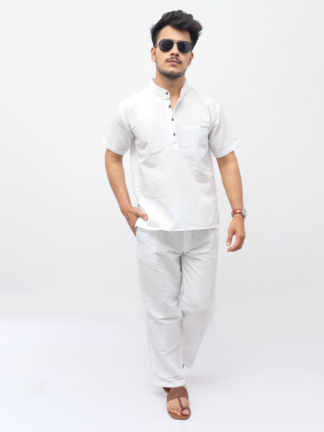 White Solid Half Sleeves Khadi Cotton Co Ord Set front pose