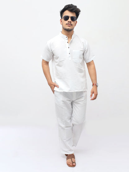 White Solid Half Sleeves Khadi Cotton Co Ord Set front pose