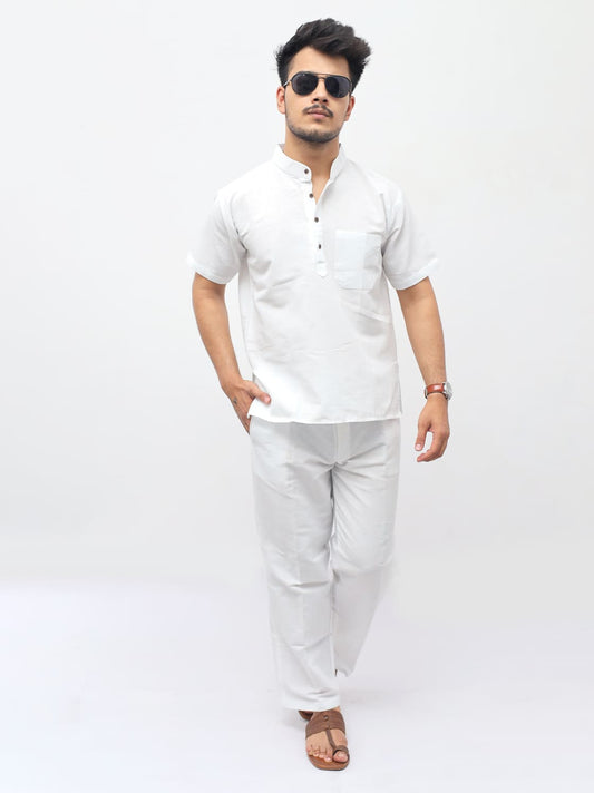 White Solid Half Sleeves Khadi Cotton Co Ord Set front pose