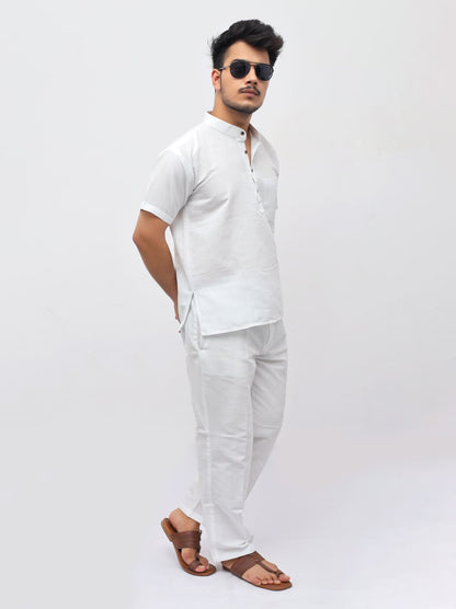 Casual white khadi cotton co ord set for men with mandarin collar