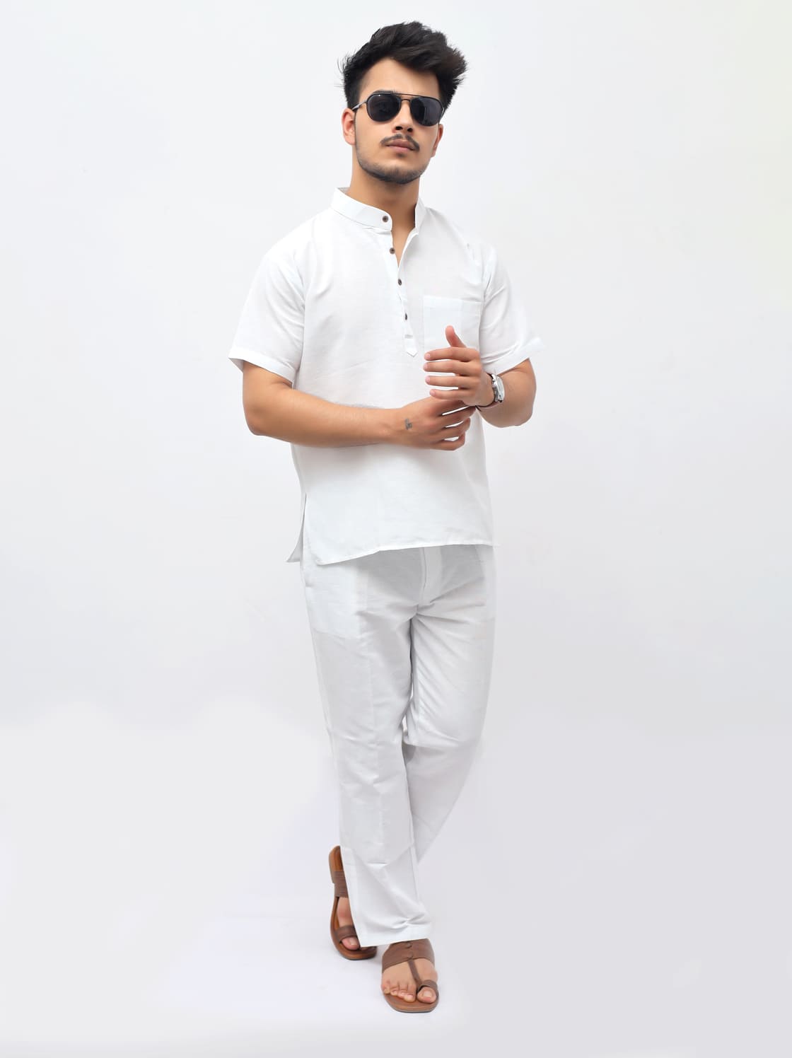 Relaxed fit white khadi cotton co ord set for summer wear