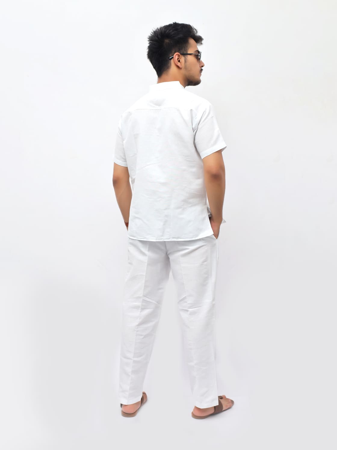 Back view white solid half sleeves khadi cotton co ord set for men