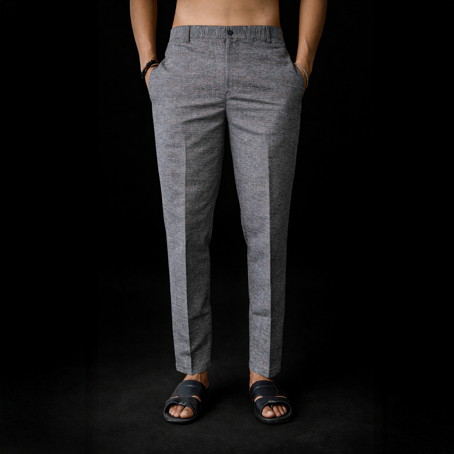 Grey khadi pants for men cotton front view slim fit