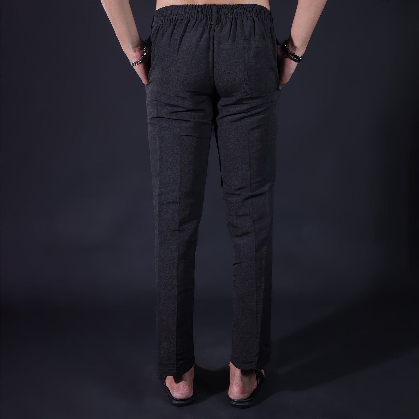 Khadi pants black color back view elastic waist