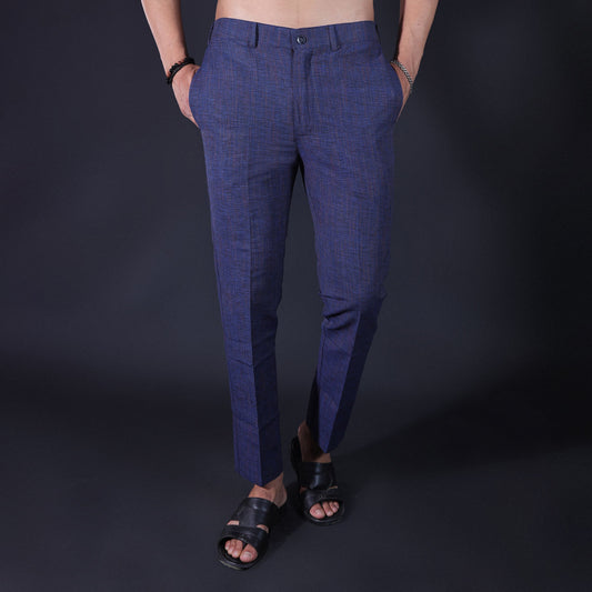 Blue khadi pants for men cotton front view slim fit