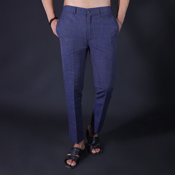Blue khadi pants for men cotton front view slim fit