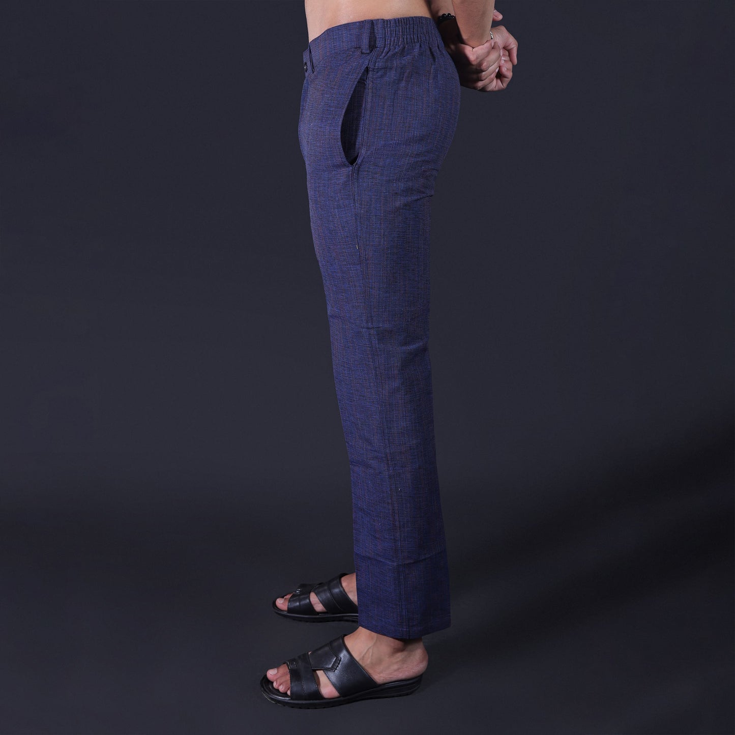 Blue khadi pants mens side view breathable cotton fit