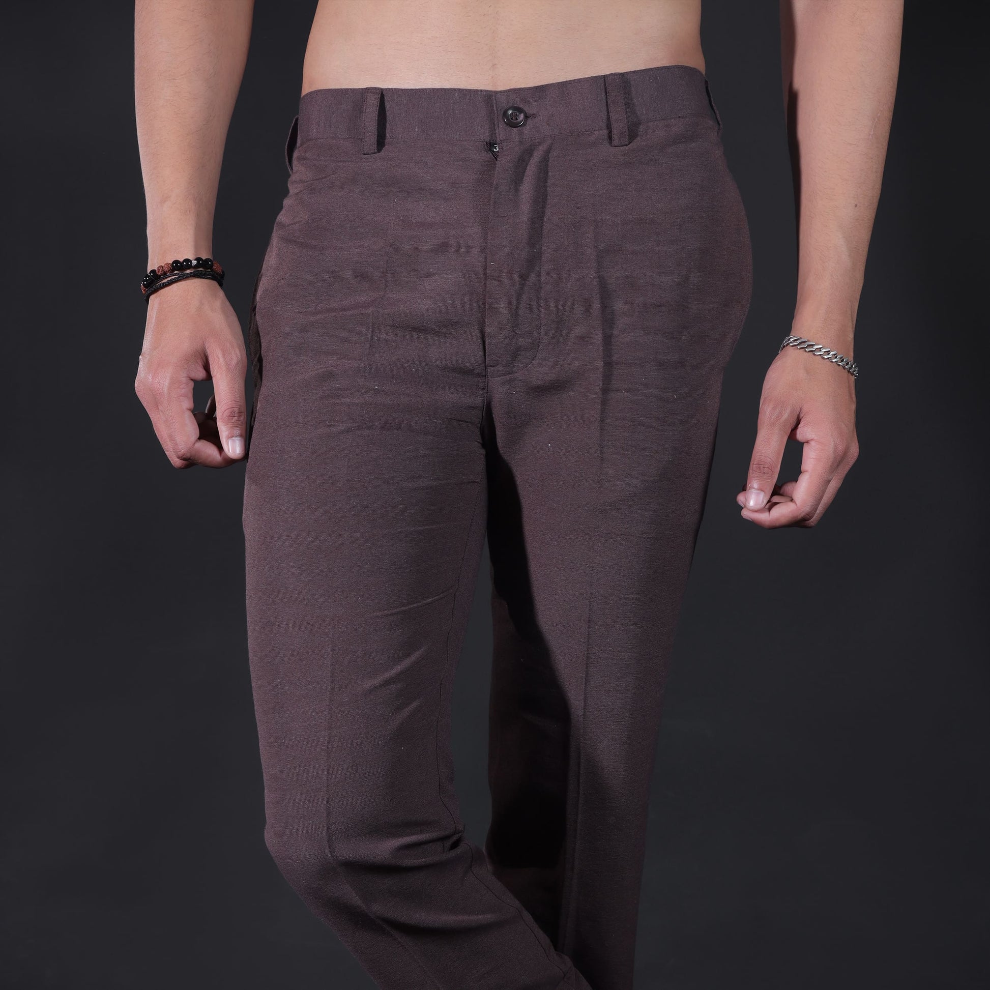 Khadi pants for men brown cotton close front detail