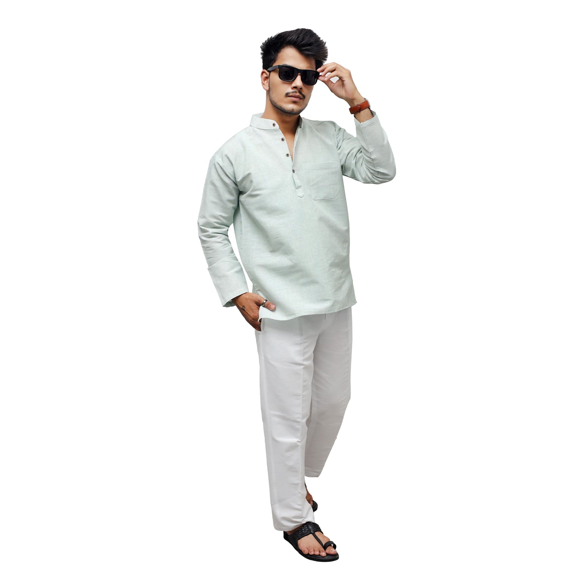 Green Softline Full Sleeves Kurta Pant Combo Set for Men