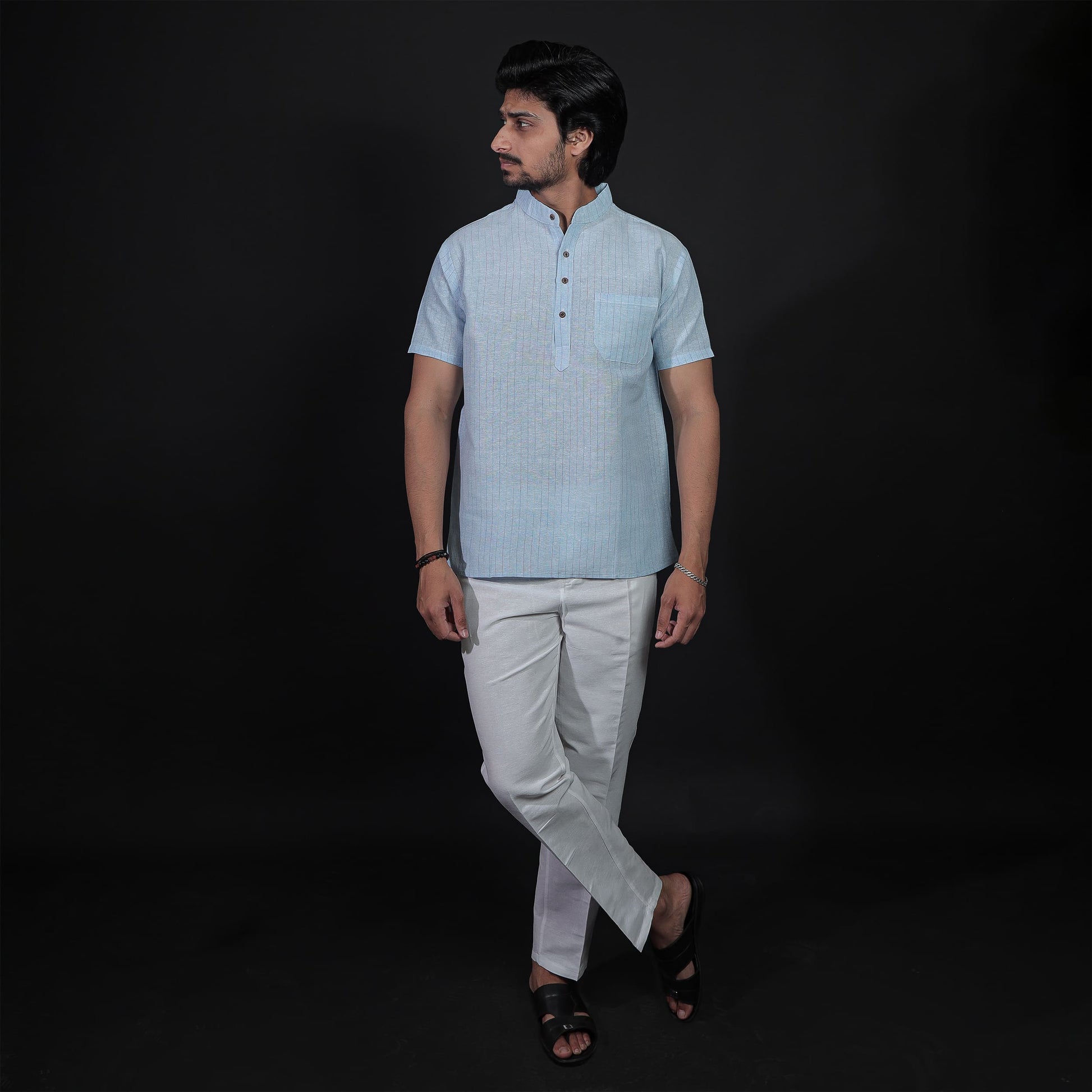 Full outfit look of blue khadi cotton kurta with white pant combo set