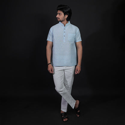 Full outfit look of blue khadi cotton kurta with white pant combo set