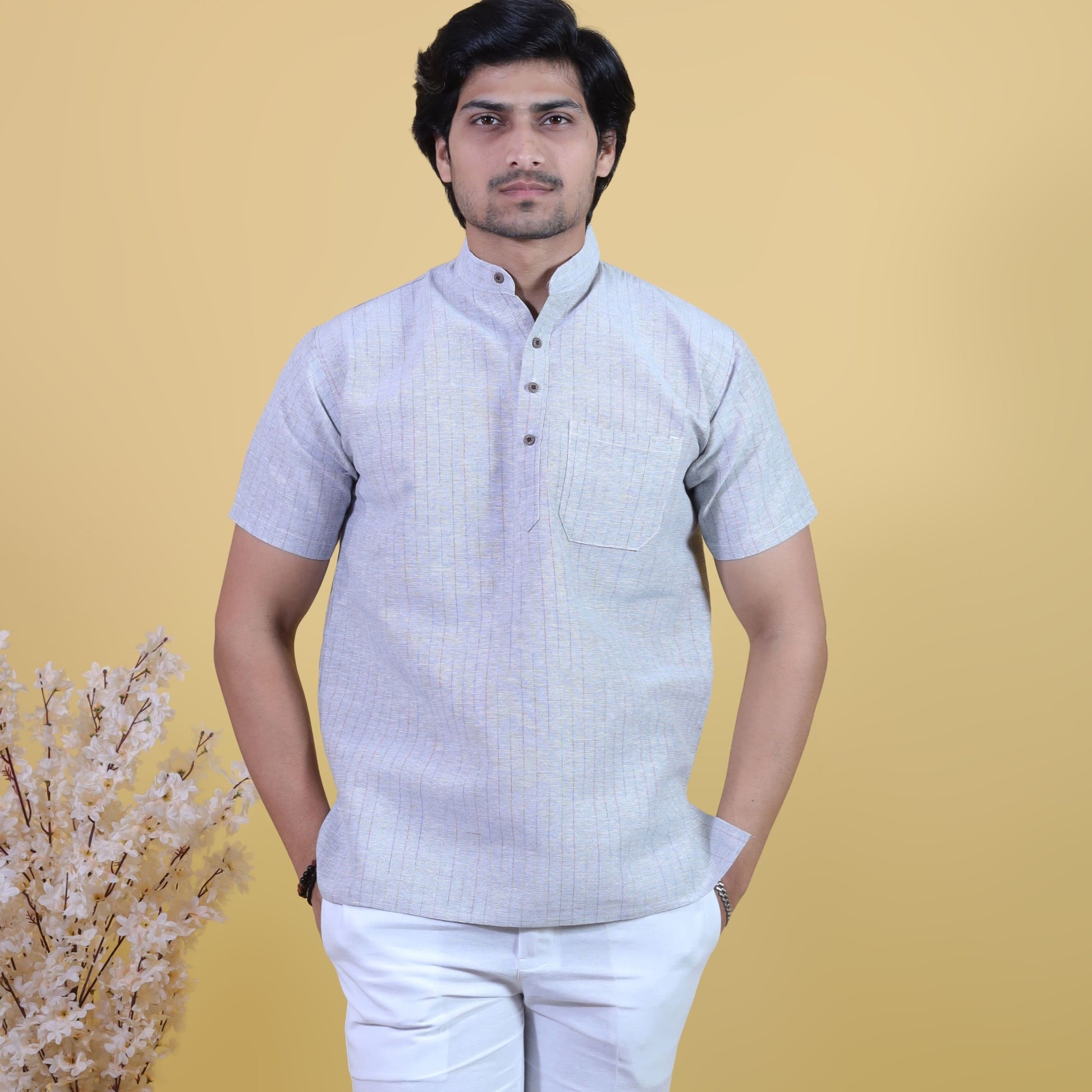 Grey Softline half sleeves kurta pant combo set front view for men